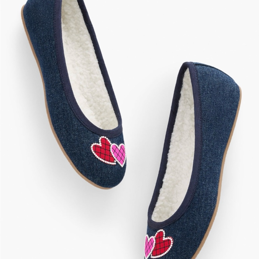 Talbots Blakely Denim Ballet Slippers Cozy Sherpa Lined Heart Beaded Size 7M